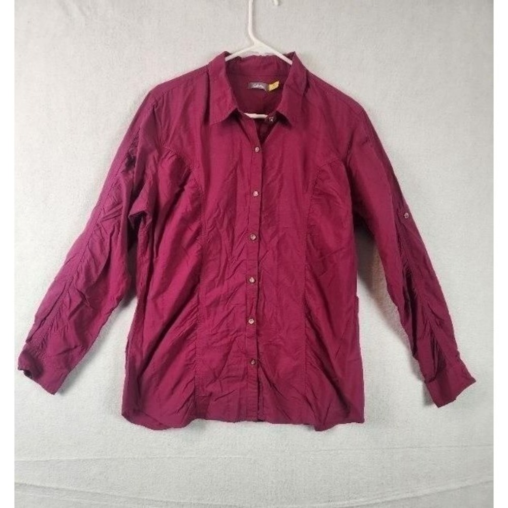 Cabelas Mens Shirt Size XL Button Long Sleeve Burgundy Cotton Nylon